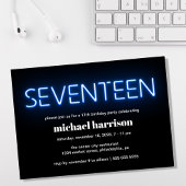 17e verjaardag Blue Neon Lights Party Kaart