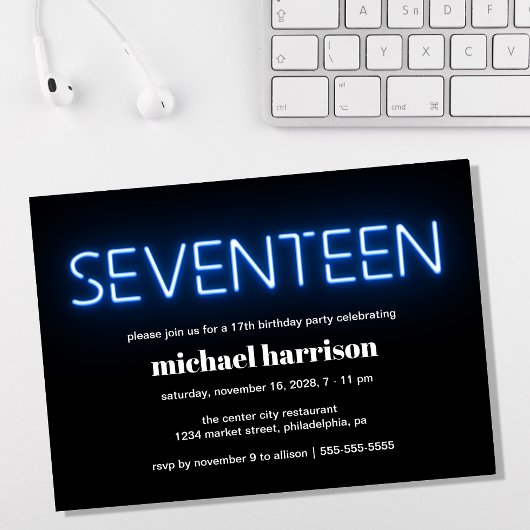 17e verjaardag Blue Neon Lights Party Kaart