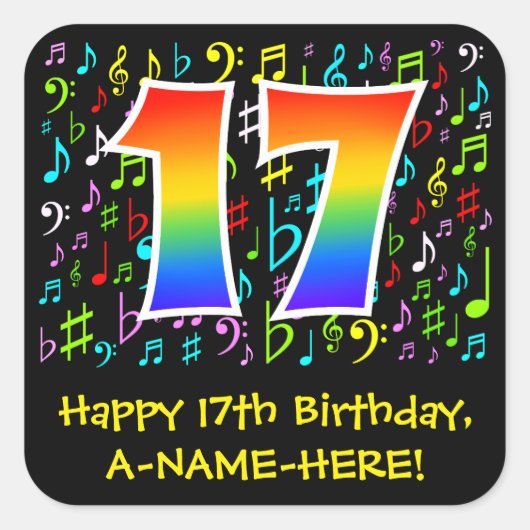 17e verjaardag: Colorful Music Symbols, Rainbow 17 Vierkante Sticker (Voorkant)