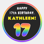 17e verjaardag: Colorful Rainbow # 17, Naam op maa Ronde Sticker (Voorkant)