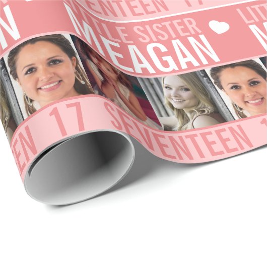 17e verjaardag drie foto's koraalkleine zusje cadeaupapier (Rol Hoek)