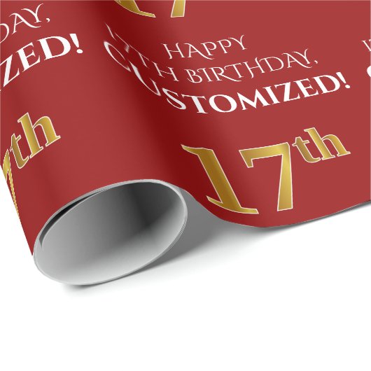 17e verjaardag: Elegant, Rood, Faux Gold Look Cadeaupapier (Rol Hoek)
