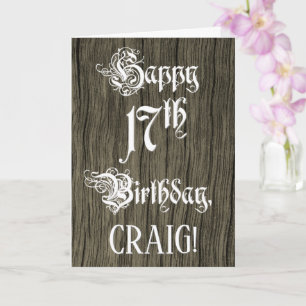 17e verjaardag: Fancy, elegante tekst; Faux Wood K Kaart