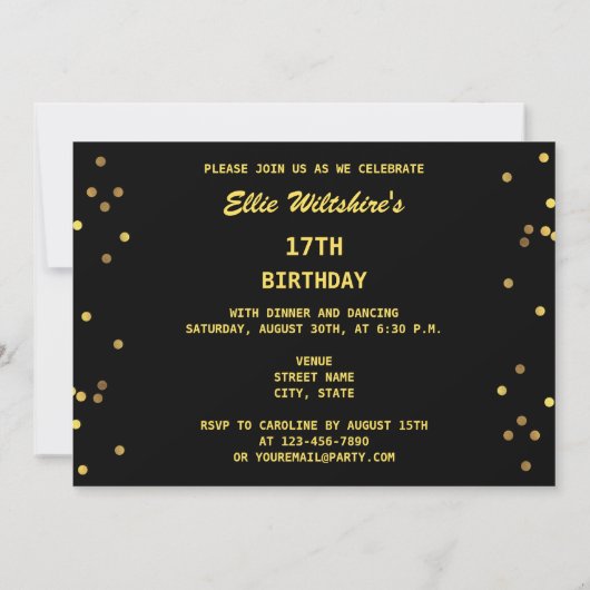 17e verjaardag Faux Gold Foil Confetti Black Kaart (Achterkant)