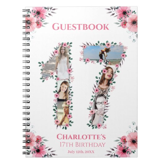 17e verjaardag Foto Collage Pink Flower Guest Book Notitieboek (Voorkant)
