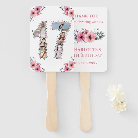 17e verjaardag Foto Collage Pink Girl Flower White Handwaaier (Voorkant en achterkant)