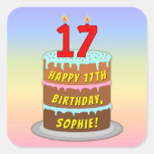 17e verjaardag: Fun Cake and Candles + Custom Name Vierkante Sticker (Voorkant)