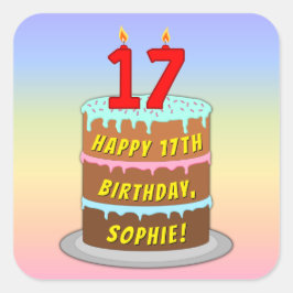 17e verjaardag: Fun Cake and Candles + Custom Name Vierkante Sticker