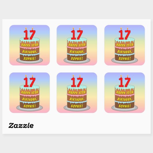 17e verjaardag: Fun Cake and Candles + Custom Name Vierkante Sticker (Vel)