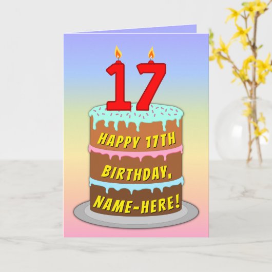 17e verjaardag — Fun Cake & Candles, w/ Eigen naam Kaart (Gele Bloem)