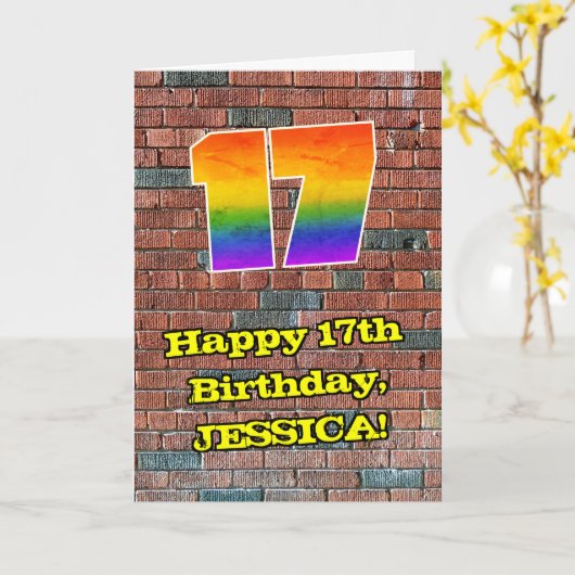 17e verjaardag: Fun Graffiti-geïnspireerde regenbo Kaart (Gele Bloem)