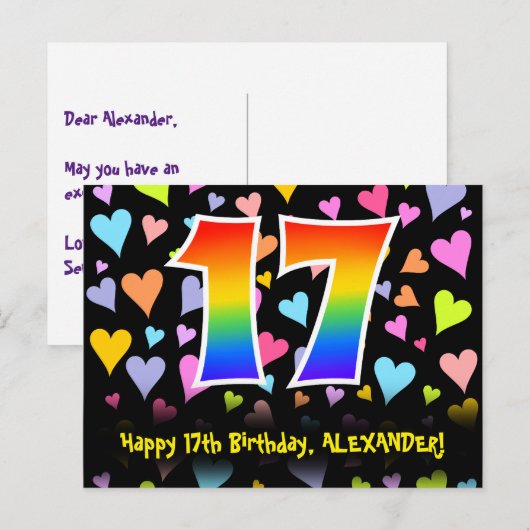 17e verjaardag: Fun Hearts Pattern, Regenboog 17 Briefkaart (Voorkant / Achterkant)