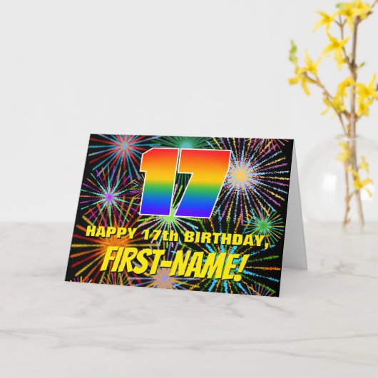17e verjaardag: Fun, kleurrijk gevuurwerk Kaart (Gele Bloem)