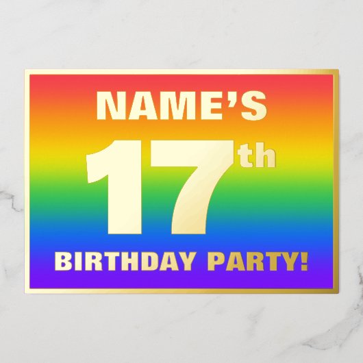 17e verjaardag: Fun, kleurrijk regenboogpatroon Folie Uitnodiging (Voorkant)