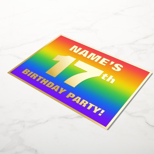 17e verjaardag: Fun, kleurrijk regenboogpatroon Folie Uitnodiging (Gedraaid)