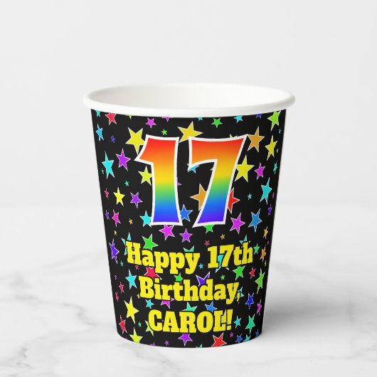 17e verjaardag: Fun Stars Pattern en Rainbow 17 Papieren Bekers (Achterkant)