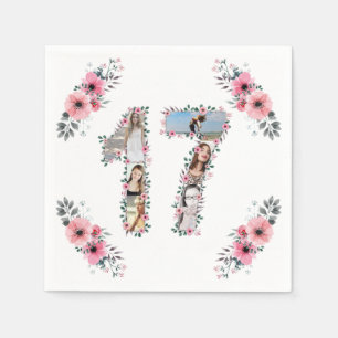 17e verjaardag Girl Flower Photo Collage White Servet