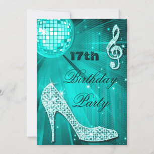 17e verjaardag Glans Hakken en Teal Disco Bal Kaart