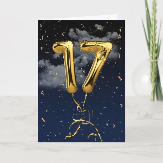 17e verjaardag Gold Mylar ballon en Confetti Card Kaart (Voorkant)