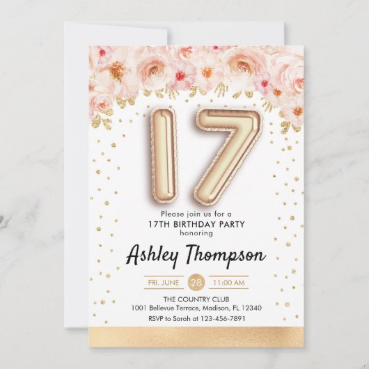 17e verjaardag - Gouden ballonnen Kaart (Voorkant)