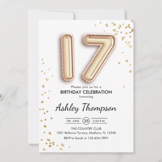 17e verjaardag - Gouden ballonnen Kaart (Voorkant)