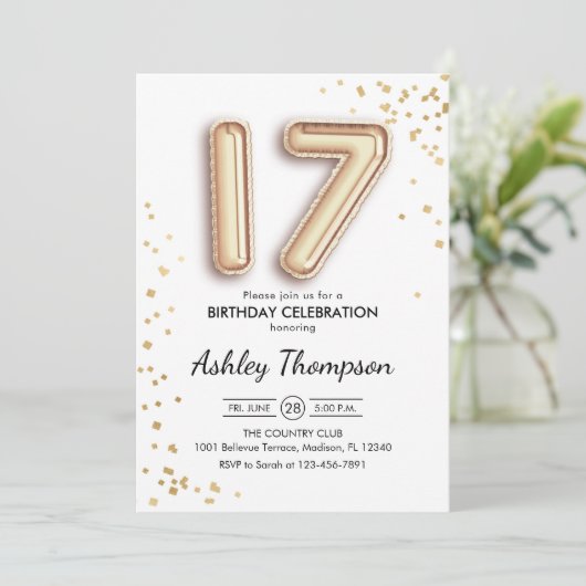 17e verjaardag - Gouden ballonnen Kaart (Staand voorkant)
