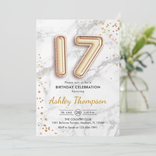 17e verjaardag - Gouden ballonnen Marmeren Effect Kaart (Staand voorkant)