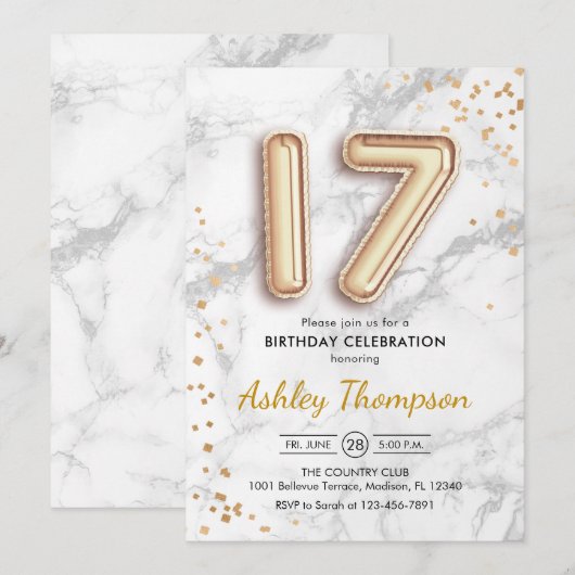 17e verjaardag - Gouden ballonnen Marmeren Effect Kaart (Voorkant / Achterkant)