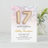 17e Verjaardag - Gouden ballonnen Roze Lichten Kaart (Staand voorkant)