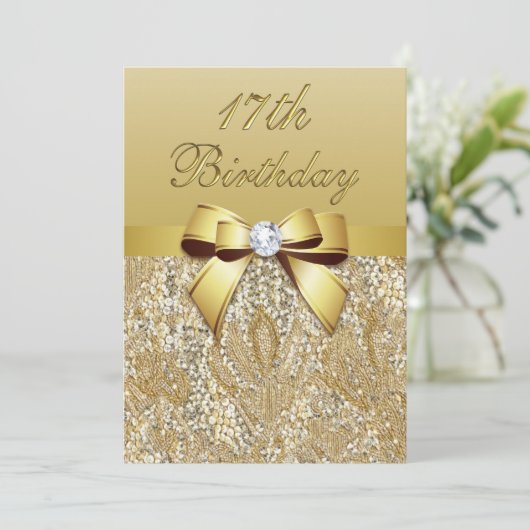 17e Verjaardag Gouden Faux Sequins en Bow Kaart (Staand voorkant)