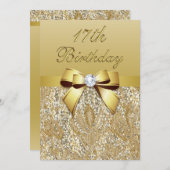 17e Verjaardag Gouden Faux Sequins en Bow Kaart (Voorkant / Achterkant)