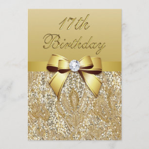 17e Verjaardag Gouden Faux Sequins en Bow Kaart