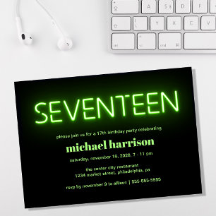 17e verjaardag Green Neon Lights Party Kaart