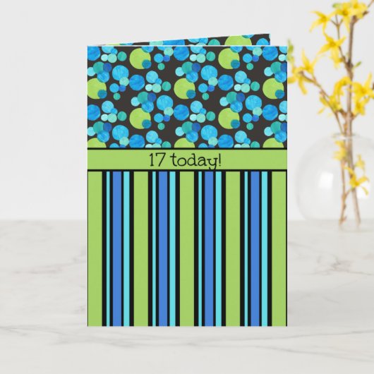 17e verjaardag Kaart: blauwe moons en stripes Kaart (Gele Bloem)