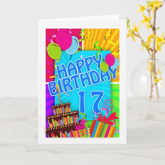 17e verjaardag kaart helder en kleurrijk - taart e (Gele Bloem)