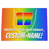 17e verjaardag: kleurrijk, vun regenboogpatroon #  groot cadeauzakje (Voorkant)
