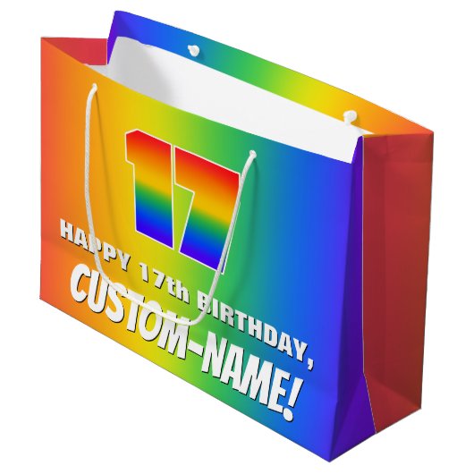 17e verjaardag: kleurrijk, vun regenboogpatroon #  groot cadeauzakje (Voorkant Gekanteld)