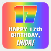 17e verjaardag: kleurrijk, vun regenboogpatroon #  vierkante sticker (Voorkant)