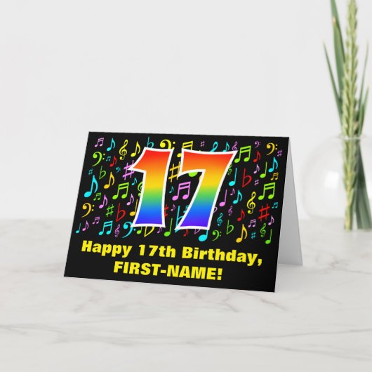 17e verjaardag: Kleurrijke muzieksymbolen & Regenb Kaart (Voorkant)