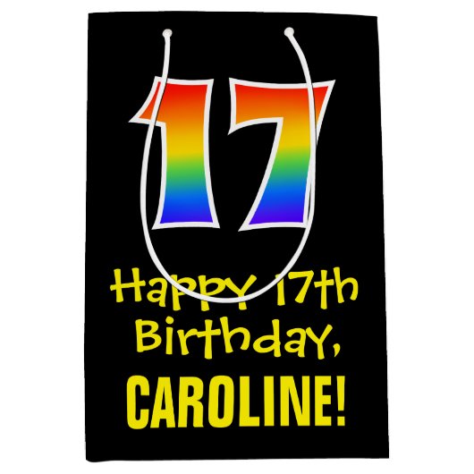 17e verjaardag: Leuk, Vet, Kleurrijk, Regenboog "1 Medium Cadeauzakje (Voorkant)