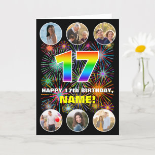 17e verjaardag: Leuke regenboog #, Aangepaste naam Kaart