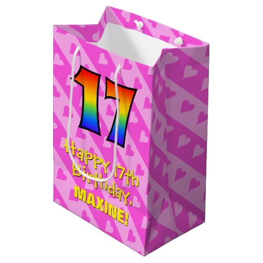 17e verjaardag: Leuke roze harten strepen; Regenbo Medium Cadeauzakje (Voorkant Gekanteld)