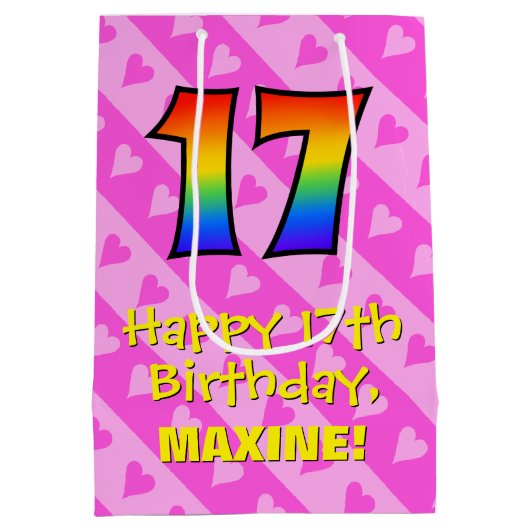 17e verjaardag: Leuke roze harten strepen; Regenbo Medium Cadeauzakje (Achterkant)