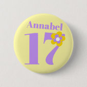 17e verjaardag meisjes geel paars ronde button 5,7 cm (Voorkant)