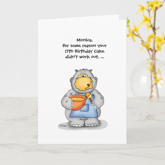 17e verjaardag met bakken Hippo - Personaliseer Kaart (Gele Bloem)