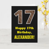 17e verjaardag: Naam, Faux Wood Grain Pattern "17" Kaart (Gele Bloem)
