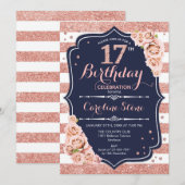 17e Verjaardag - Navy Roos Gold en White Stripes Kaart (Voorkant / Achterkant)