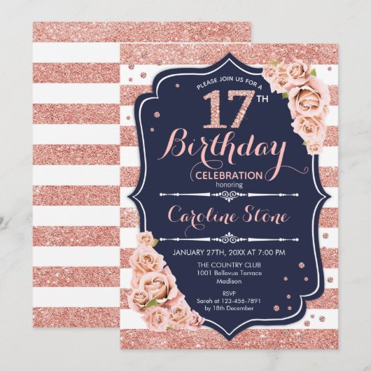 17e Verjaardag - Navy Roos Gold en White Stripes Kaart (Voorkant / Achterkant)