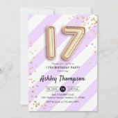 17e verjaardag - Paarse strepen en gouden ballonne Kaart (Voorkant)