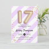 17e verjaardag - Paarse strepen en gouden ballonne Kaart (Staand voorkant)